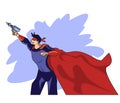 A superhero in a red cloak with a weapon rushes to the rescue. Vector Royalty Free Stock Photo